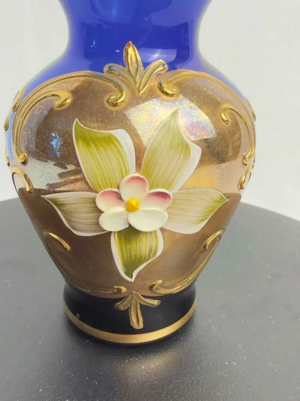 Murano Glass Vintage Vase Cobalt Blue & Gold Enamel Raised Floral 4 ¼” Italy